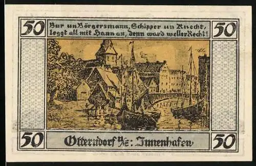 Notgeld Otterndorf 1920, 50 Pfennig, Vorderseite Schiffe im Hafen, Rückseite Wappen der Stadt