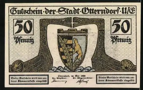 Notgeld Otterndorf 1920, 50 Pfennig, Vorderseite Schiffe im Hafen, Rückseite Wappen der Stadt