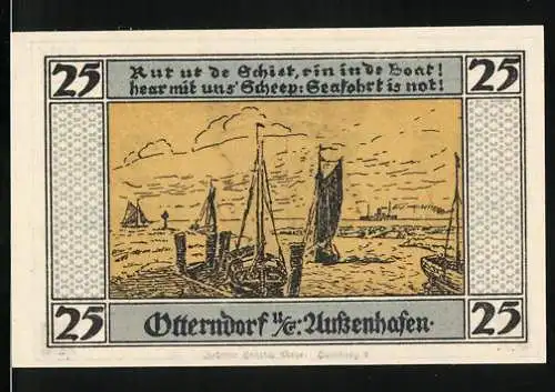 Notgeld Otterndorf, 1920, 25 Pfennig, Segelschiffe und Stadtwappen