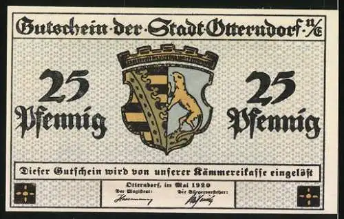 Notgeld Otterndorf, 1920, 25 Pfennig, Segelschiffe und Stadtwappen