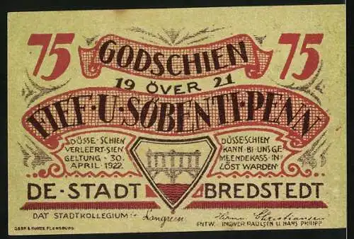 Notgeld Bredstedt 1921, 75 Pfennig, Stadtansicht und Wappen von Bredstedt