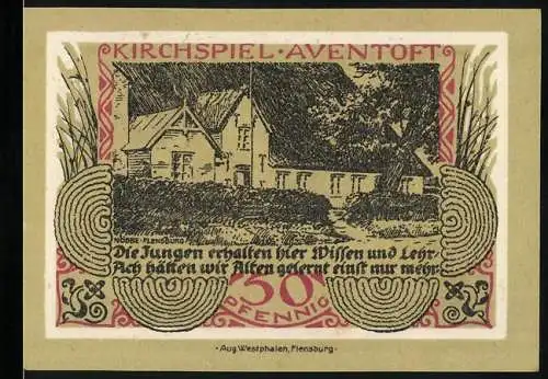 Notgeld Aventoft 1921, 50 Pfennig, Kirche und Wappenabbildung mit Spruch und Ablaufdatum