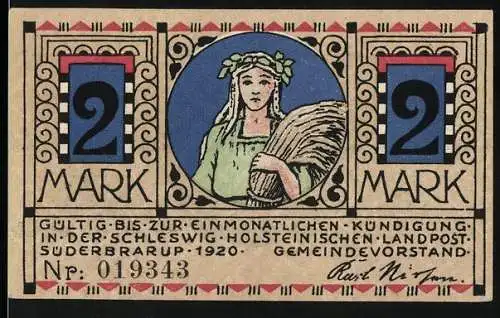 Notgeld Süderbrarup, 1920, 2 Mark, Frau mit Ähren und Wanderer, gültig zur einmonatlichen Kündigung