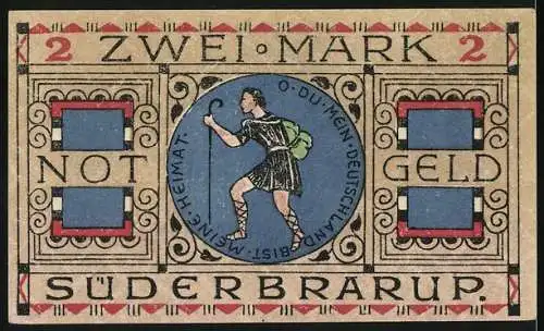 Notgeld Süderbrarup, 1920, 2 Mark, Frau mit Ähren und Wanderer, gültig zur einmonatlichen Kündigung