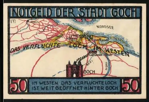 Notgeld Goch, 1922, 50 Pfennig, Stadtplan und Steintor mit Löwenwappen