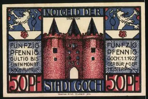 Notgeld Goch, 1922, 50 Pfennig, Stadtplan und Steintor mit Löwenwappen