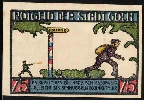 Notgeld Goch, 1922, 75 Pf, Zollbeamter schiesst auf Schmuggler, Rathausabbildung