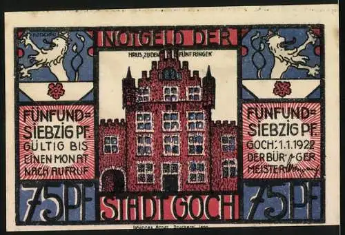 Notgeld Goch, 1922, 75 Pf, Zollbeamter schiesst auf Schmuggler, Rathausabbildung