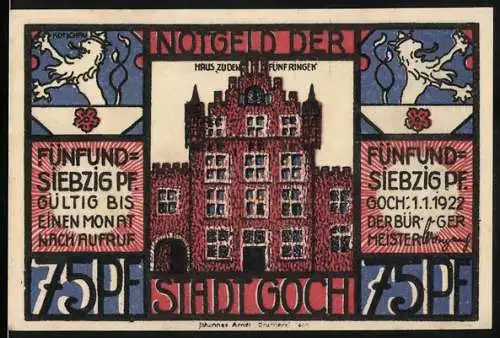 Notgeld Goch, 1922, 75 Pf, Haus zu den fünf Ringen und Warenhaus Deutschland
