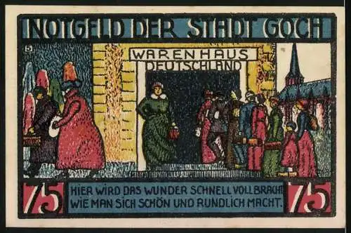 Notgeld Goch, 1922, 75 Pf, Haus zu den fünf Ringen und Warenhaus Deutschland