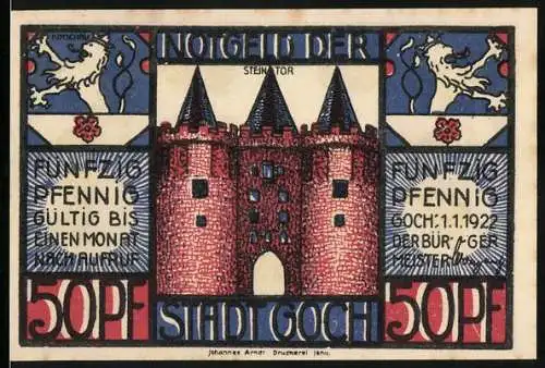 Notgeld Goch, 1922, 50 Pfennig, Steintor und Schmuggler-Szene