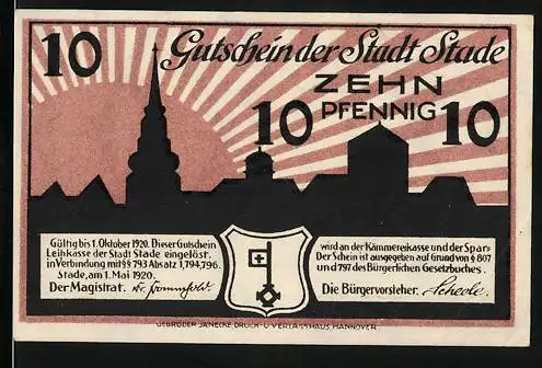 Notgeld Stade 1920, 10 Pfennig, Gutschein der Stadt Stade mit Stadtansicht und Sonnenstrahlen