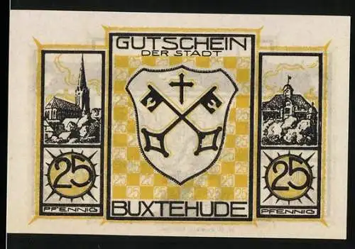 Notgeld Buxtehude, 25 Pfennig, Gutschein der Stadt mit Stadtwappen, Kirchen und Schmiedeszene
