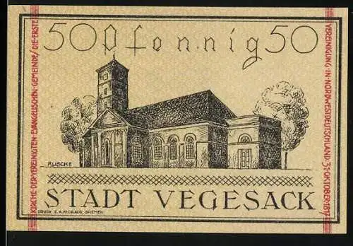Notgeld Vegesack, 1921, 50 Pfennig, Zeichnung einer Kirche und Stadtwappen