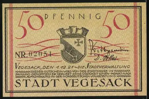 Notgeld Vegesack, 1921, 50 Pfennig, Zeichnung einer Kirche und Stadtwappen