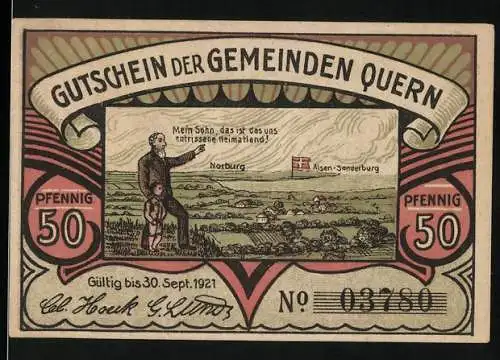 Notgeld Quern, 1921, 50 Pfennig, Landschaft mit Mensch und Bismarckturm, gültig bis 30. Sept. 1921