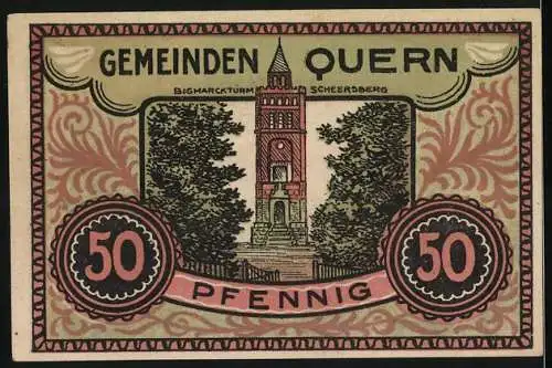 Notgeld Quern, 1921, 50 Pfennig, Landschaft mit Mensch und Bismarckturm, gültig bis 30. Sept. 1921