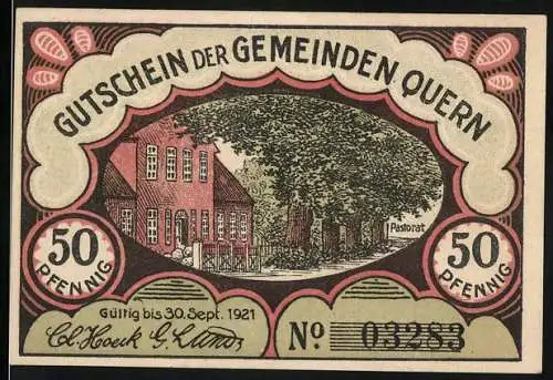 Notgeld Quern, 1921, 50 Pfennig, Pastorat und Kirche mit Denkmal