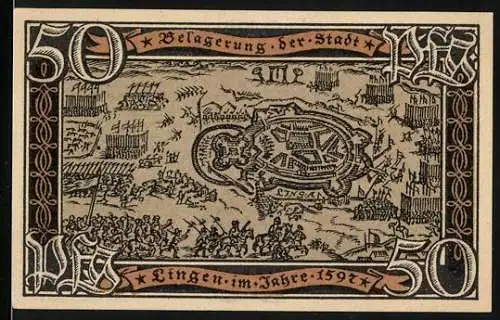 Notgeld Lingen 1921, 50 Pfennig, Belagerung der Stadt Lingen im Jahre 1597, zwei Löwen mit Stadtwappen