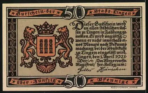 Notgeld Lingen 1921, 50 Pfennig, Belagerung der Stadt Lingen im Jahre 1597, zwei Löwen mit Stadtwappen