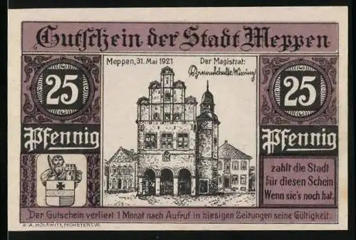 Notgeld Meppen, 1921, 25 Pfennig, Gutschein der Stadt Meppen mit Stadtansicht und Siegel