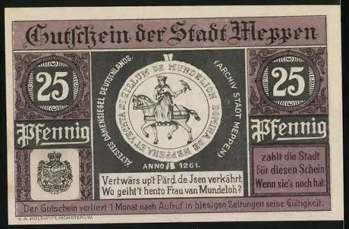 Notgeld Meppen, 1921, 25 Pfennig, Gutschein der Stadt Meppen mit Stadtansicht und Siegel