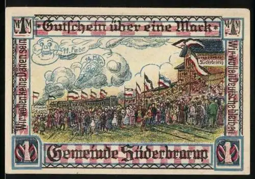Notgeld Süderbrarup, 1 Mark, Gemeinde Süderbrarup, historisches Fest mit Menschenmassen und Flaggen