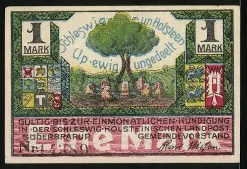 Notgeld Süderbrarup, 1 Mark, Gemeinde Süderbrarup, historisches Fest mit Menschenmassen und Flaggen