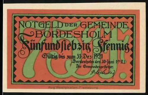 Notgeld Bordesholm 1921, 75 Pfennig, Gültig bis zum 31 Dez 1921, Ausblick auf den See
