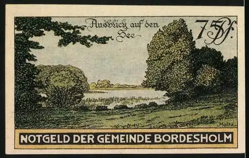 Notgeld Bordesholm 1921, 75 Pfennig, Gültig bis zum 31 Dez 1921, Ausblick auf den See