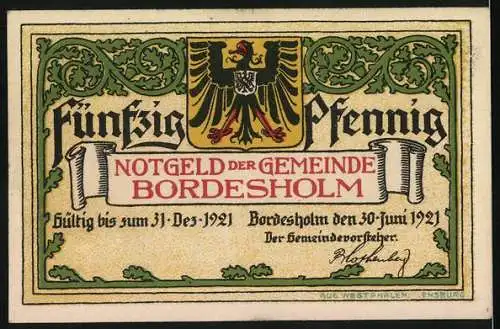 Notgeld Bordesholm, 1921, 50 Pfennig, Gültig bis zum 31. Dez 1921, Lindenbaum und Adlerwappen