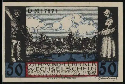 Notgeld Lübeck 1921, 50 Pfennig, Fischer bei der Arbeit und Stadtansicht im Hintergrund