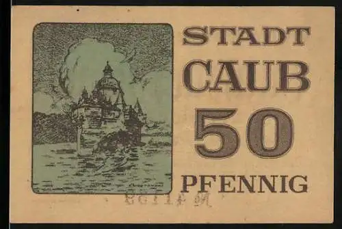 Notgeld Caub, 50 Pfennig, Gutschein mit Burgansicht und Seriennummer 41138