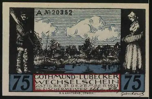 Notgeld Lübeck, 1921, 75 Pfennig, Fischermeister und Landschaftsmotiv, Gültig bis 31. Dezember 1921