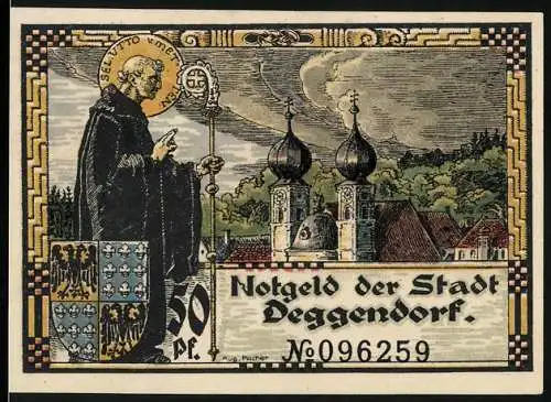 Notgeld Deggendorf, 1920, 50 Pf., Mönch vor Kirchtürmen und Stadtansicht mit Fluss, No. 096259
