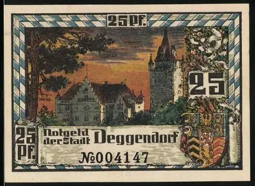 Notgeld Deggendorf 1920, 25 Pf, Stadtansicht und Wappen, Seriennummer 004147
