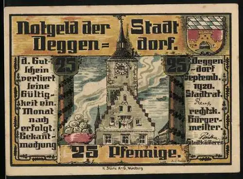 Notgeld Deggendorf 1920, 25 Pfennig, Rathaus und Stadtwappen, Burgansicht bei Nacht