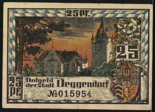 Notgeld Deggendorf 1920, 25 Pfennig, Rathaus und Stadtwappen, Burgansicht bei Nacht