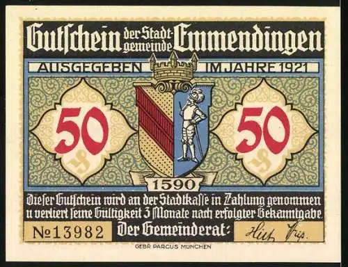 Notgeld Emmendingen, 1921, 50 Pfennig, Motiv Cornelias-Grab, Seriennummer 13982