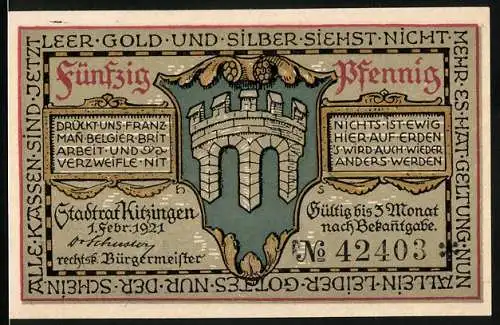 Notgeld Kitzingen 1921, 50 Pfennig, Stadtwappen und mittelalterliche Figur mit Weintrauben und Zahnrad