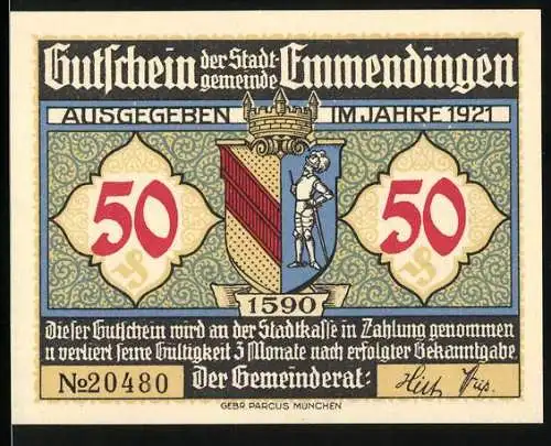 Notgeld Emmendingen, 1921, 50 Pfennig, Vorderseite Stadtwappen Rückseite Marktplatz mit Brunnen