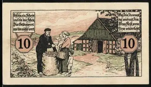 Notgeld Melle 1920, 10 Pfennig, ländliche Szene mit Familie und Haus, Rückseite Stadthaus