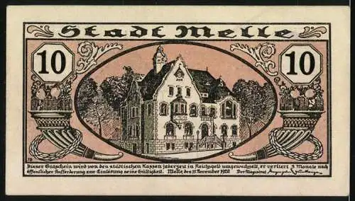 Notgeld Melle 1920, 10 Pfennig, ländliche Szene mit Familie und Haus, Rückseite Stadthaus