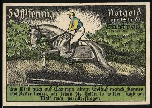 Notgeld Castrop, 50 Pfennig, Darstellung von Pferderennen und Stadtwappen, grün /blaue Farben