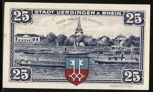 Notgeld Uerdingen am Rhein 1921, 25 Pfennig, Stadtansicht mit Kirche und Hafen, Seriennummer B Nr. 50312