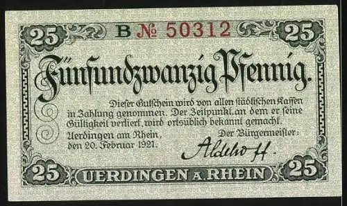 Notgeld Uerdingen am Rhein 1921, 25 Pfennig, Stadtansicht mit Kirche und Hafen, Seriennummer B Nr. 50312