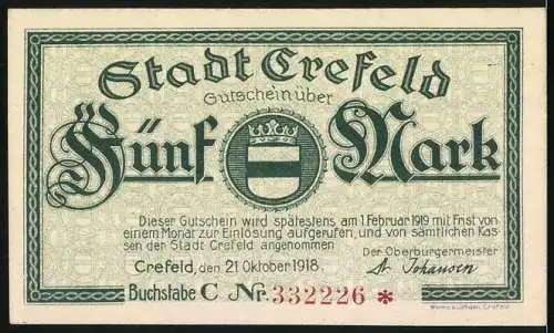 Notgeld Crefeld, 1918, 5 Mark, Stadt Crefeld, Arbeiter mit Werkzeug