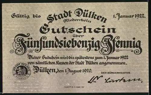 Notgeld Dülken 1920, 75 Pfennig, Jubiläumsfeier akademische Windmühle und Gültigkeit bis 1922