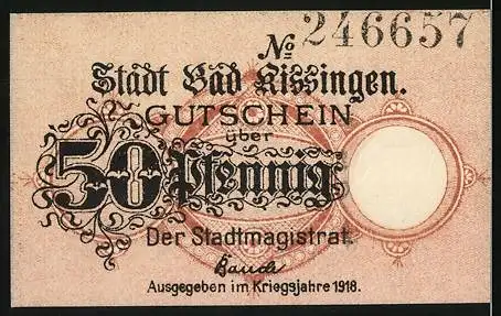 Notgeld Bad Kissingen, 1918, 50 Pfennig, Gutschein mit Gebäudeabbildung