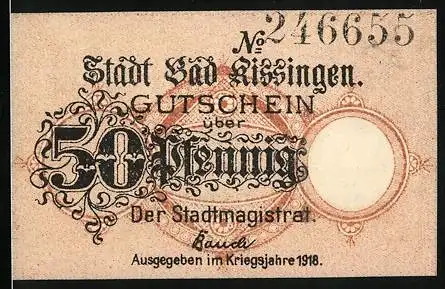 Notgeld Bad Kissingen 1918, 50 Pfennig, Stadtgutschein mit Gebäudeabbildung